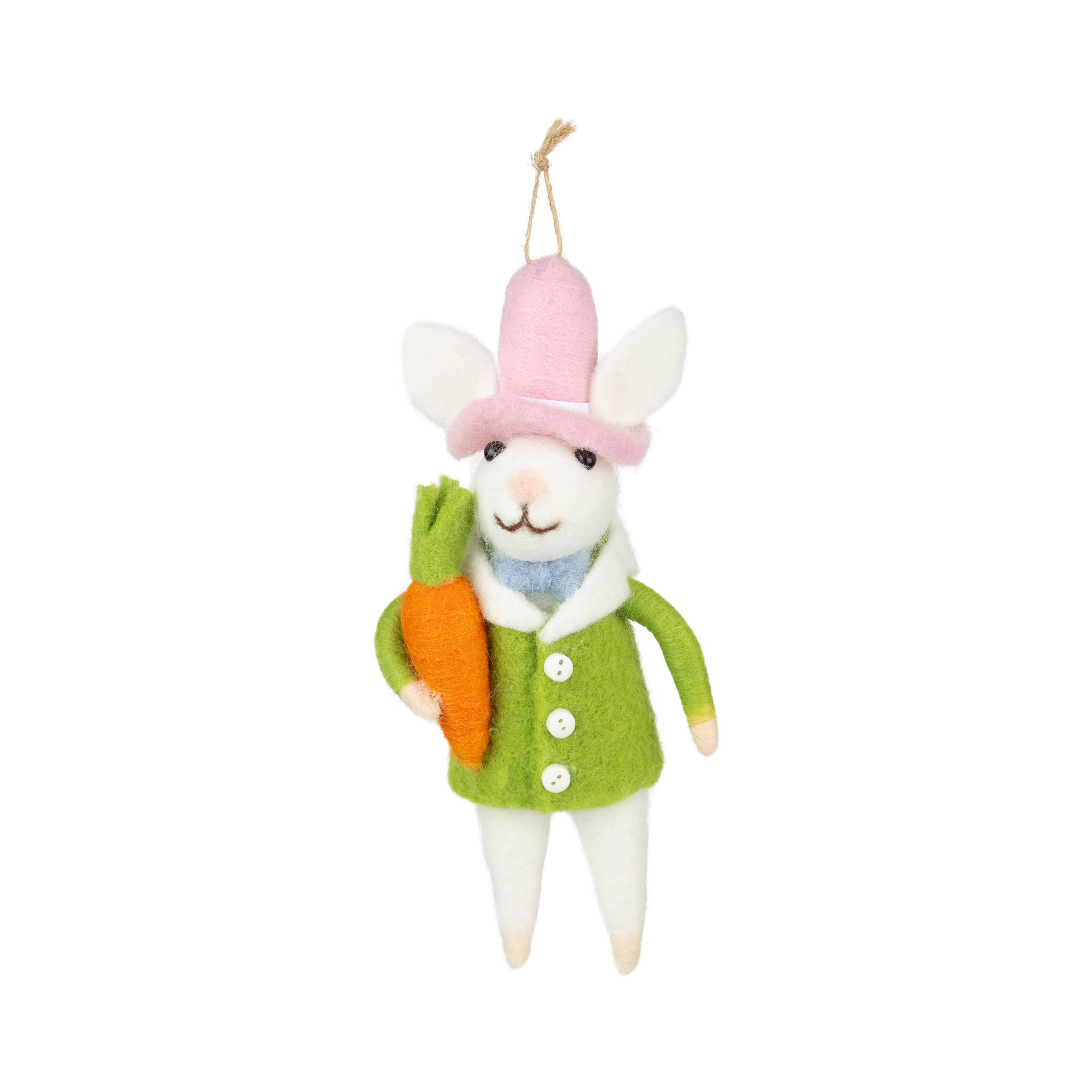 Felt bunny ornament in Top hat holding carrot, 6 in
