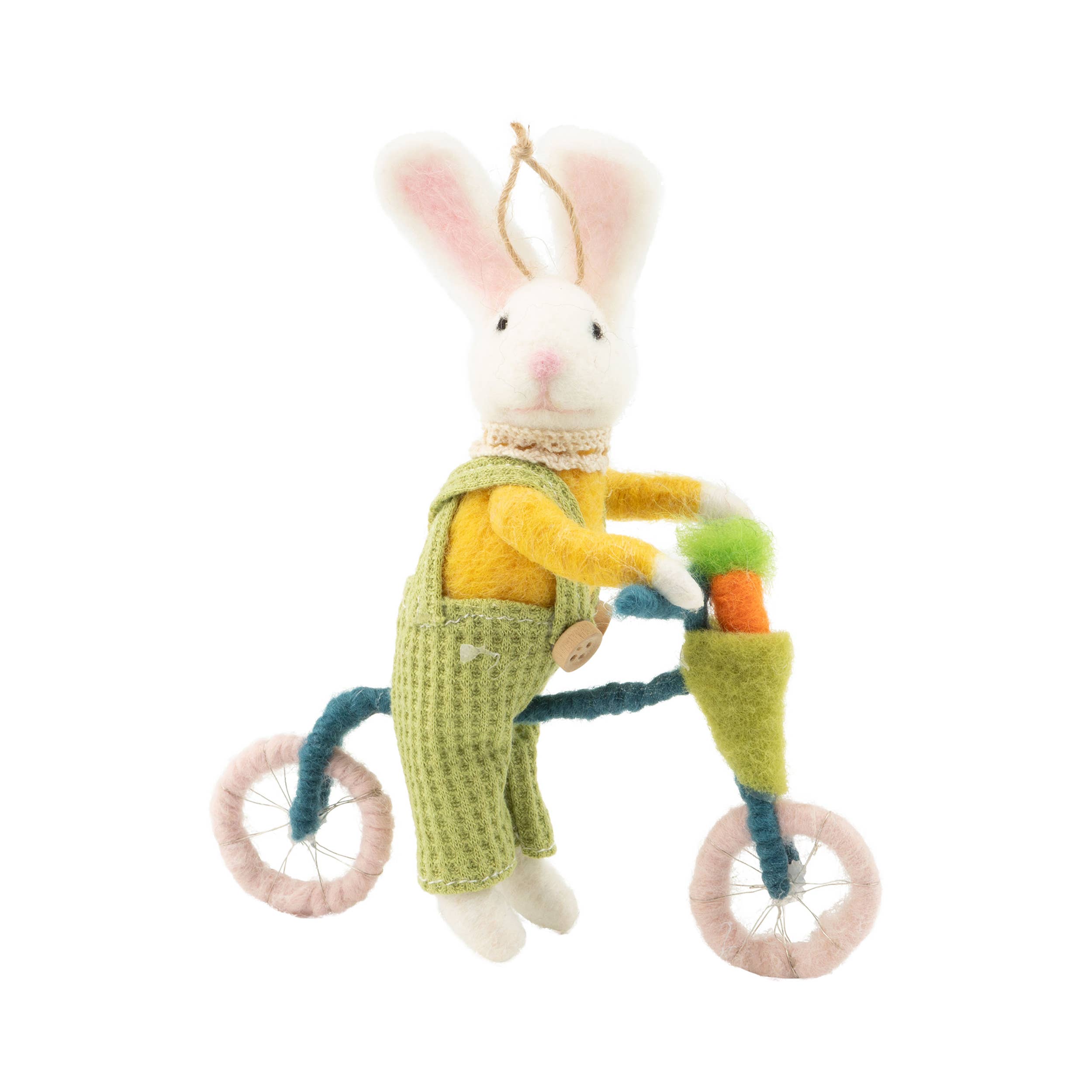 Felt bunny on bike ornament, 6 in