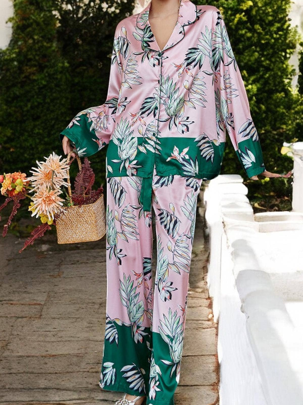 Satin Tropical Print Pajama Set