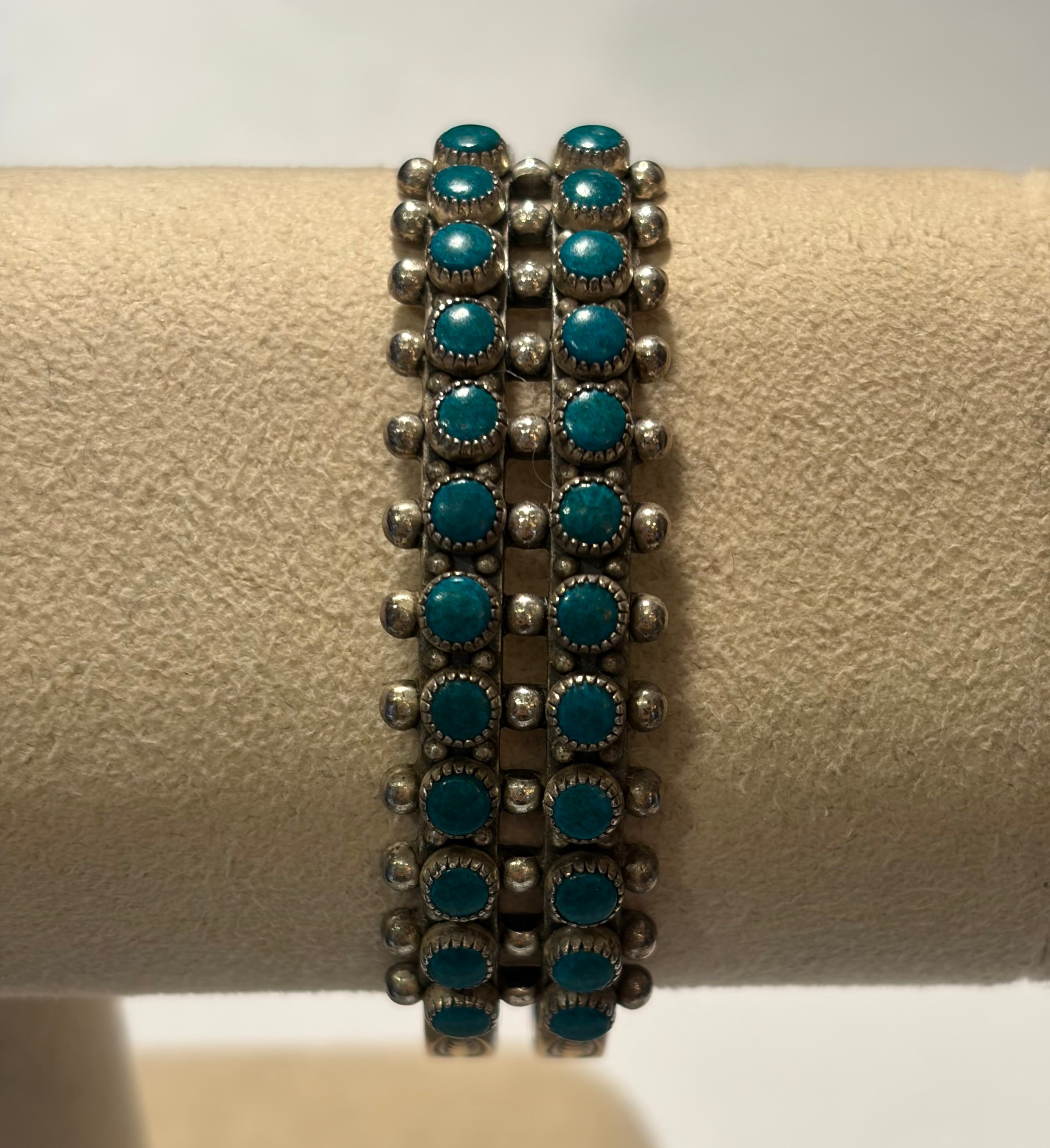 Green Turquoise Sterling Double Row Cuff Bracelet