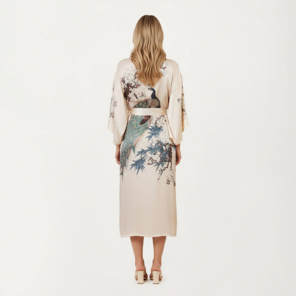Long Satin Kimono Robe with Tie Waist and Artistic Floral Pr