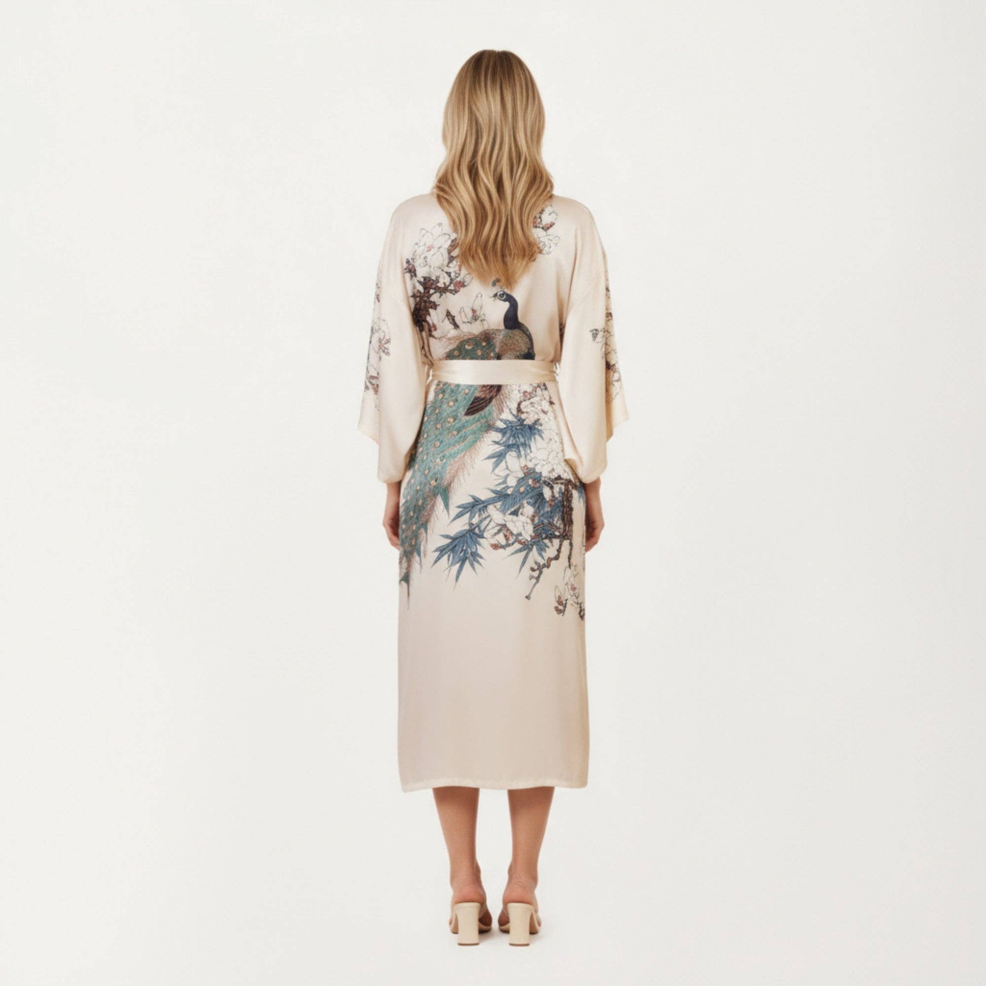 Long Satin Kimono Robe with Tie Waist and Artistic Floral Pr