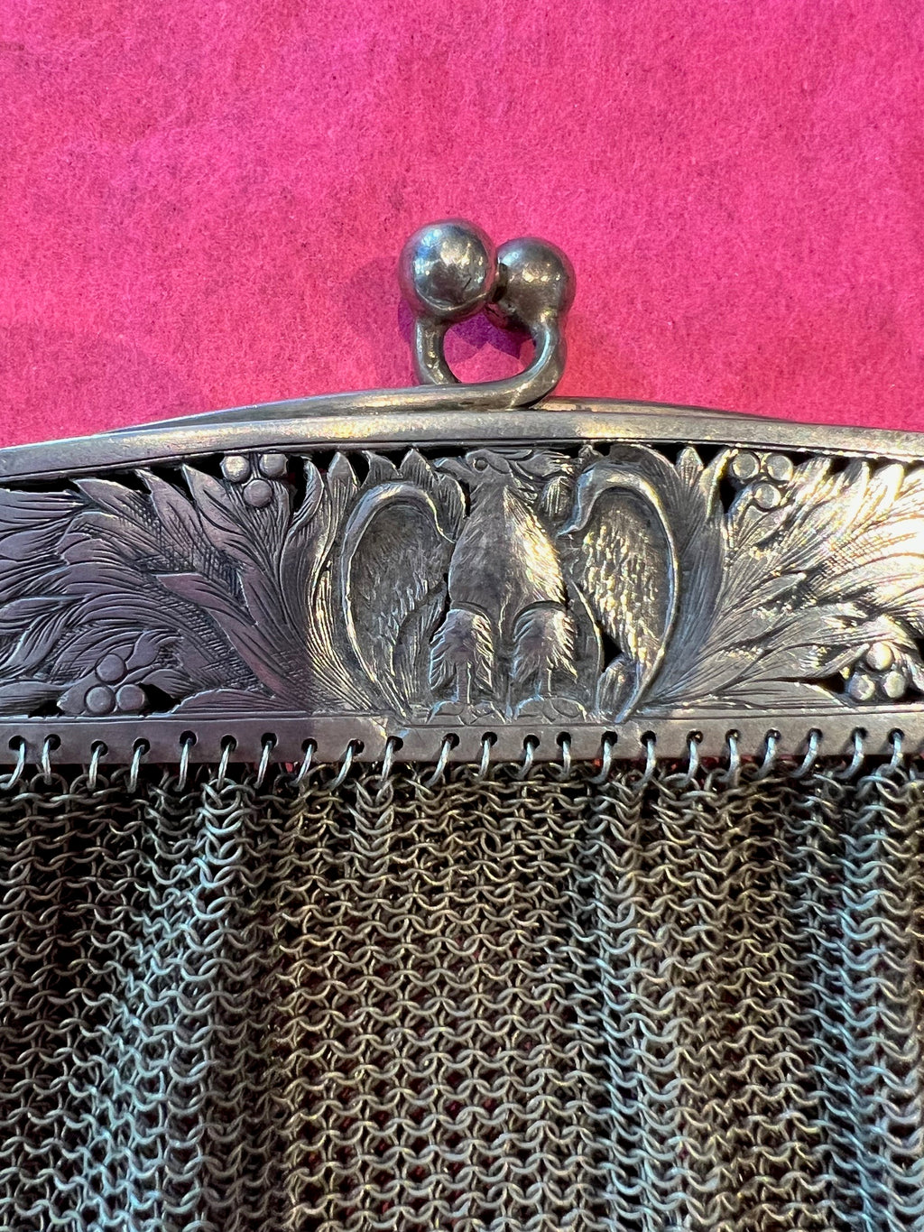 Victorian 800 German Silver Mesh Bag/ Eagle Motif cinca 1890-1915