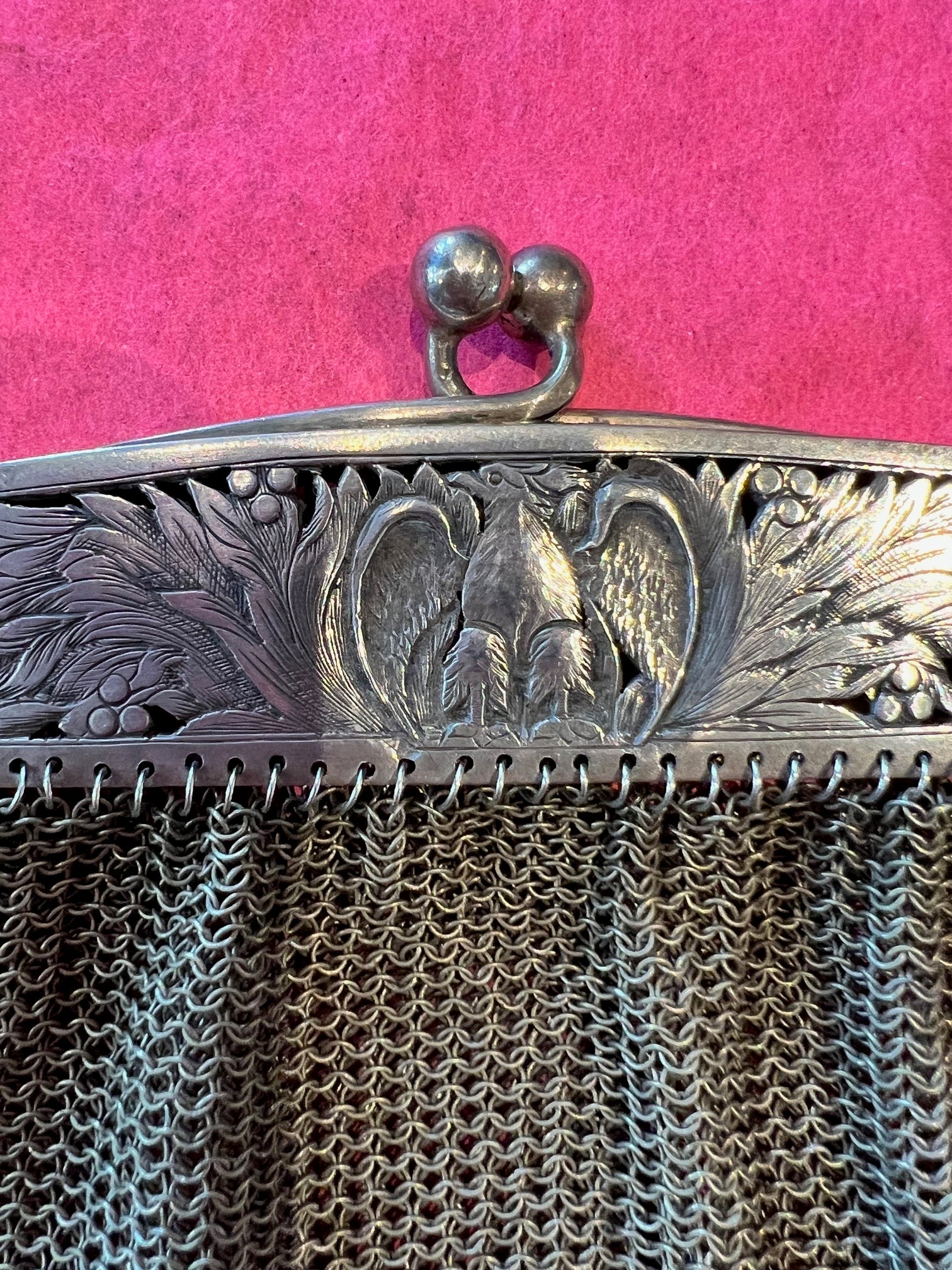 Victorian 800 German Silver Mesh Bag/ Eagle Motif cinca 1890-1915