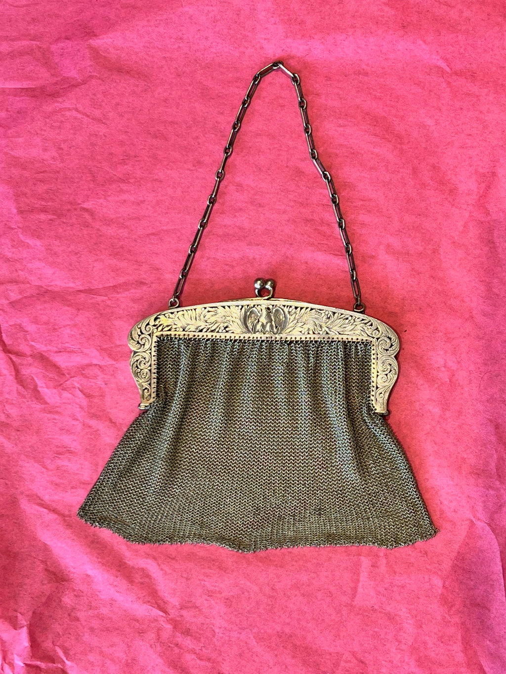 Victorian 800 German Silver Mesh Bag/ Eagle Motif cinca 1890-1915