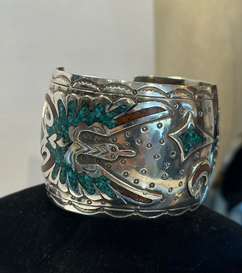navajo cuff inlaid with coral and turqoise 