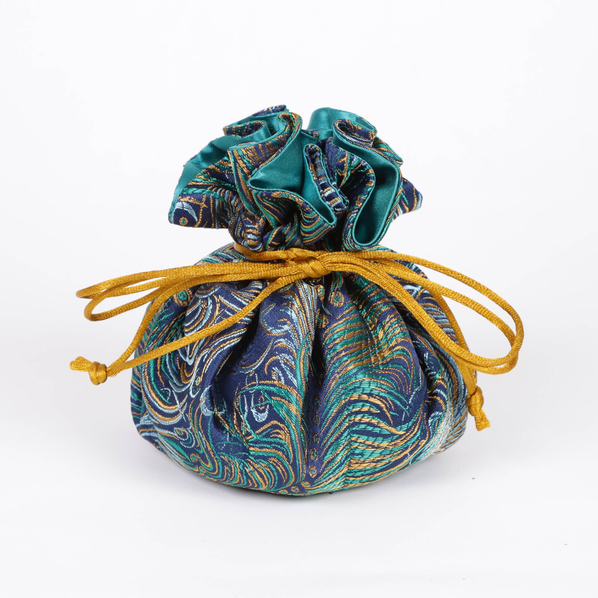Peacock Feather Prints Brocade Jewelry Pouch