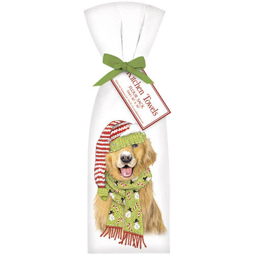 Golden w/Green Scarf Christmas Kitchen Towel Set