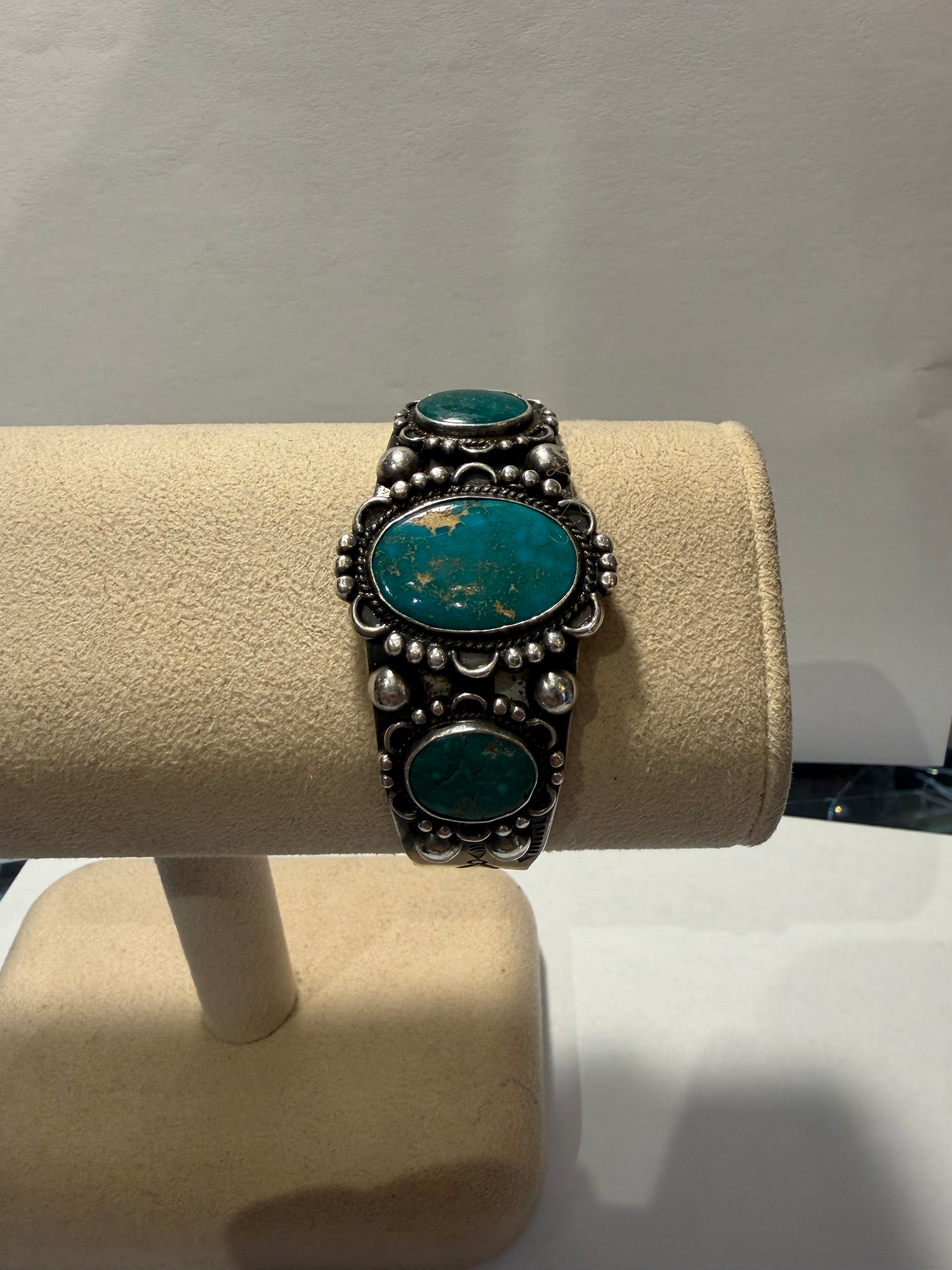 Vintage 1970's  Green Turquoise Three Stone Cuff Navajo Bracelet