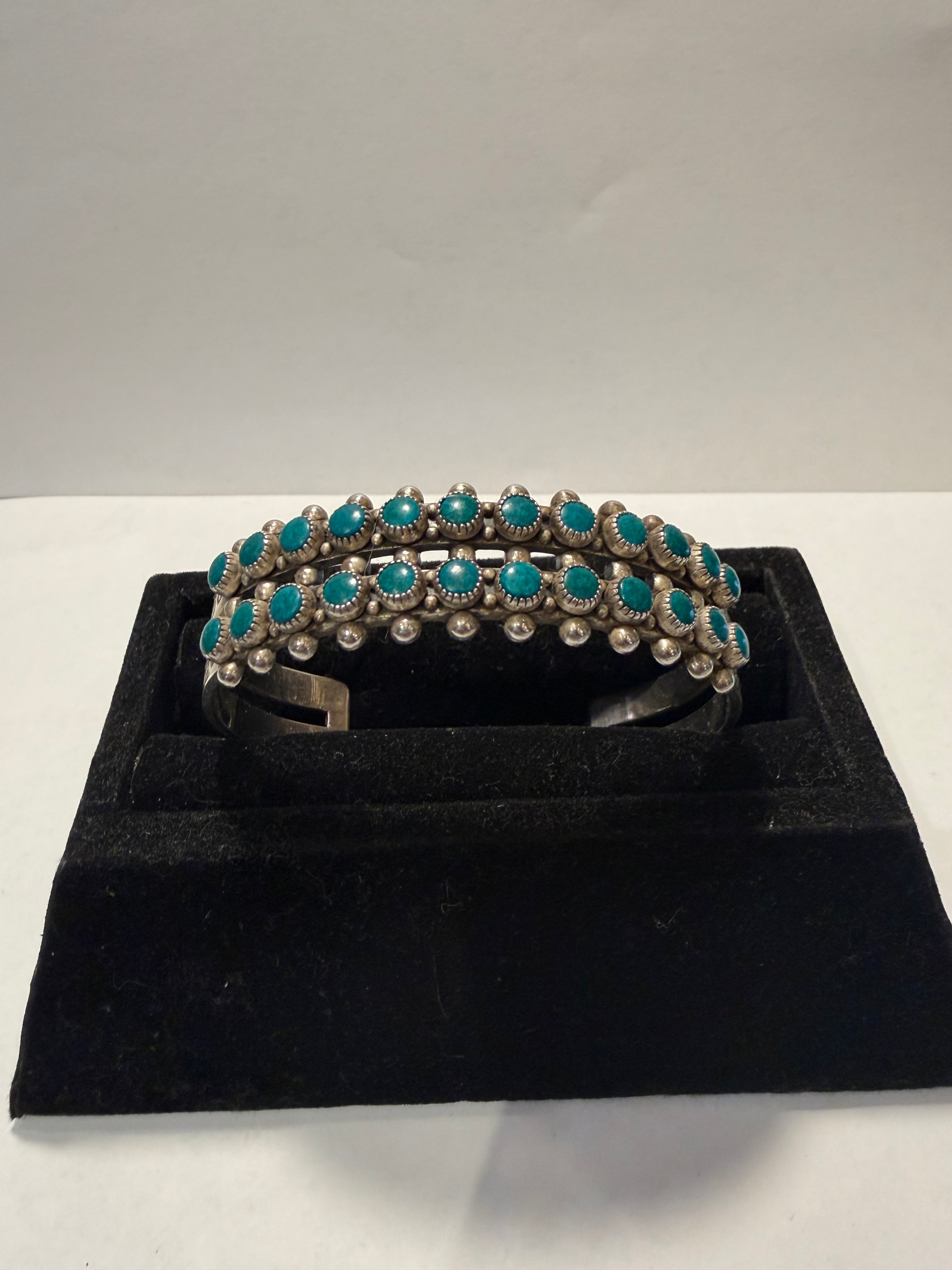 Green Turquoise Sterling Double Row Cuff Bracelet