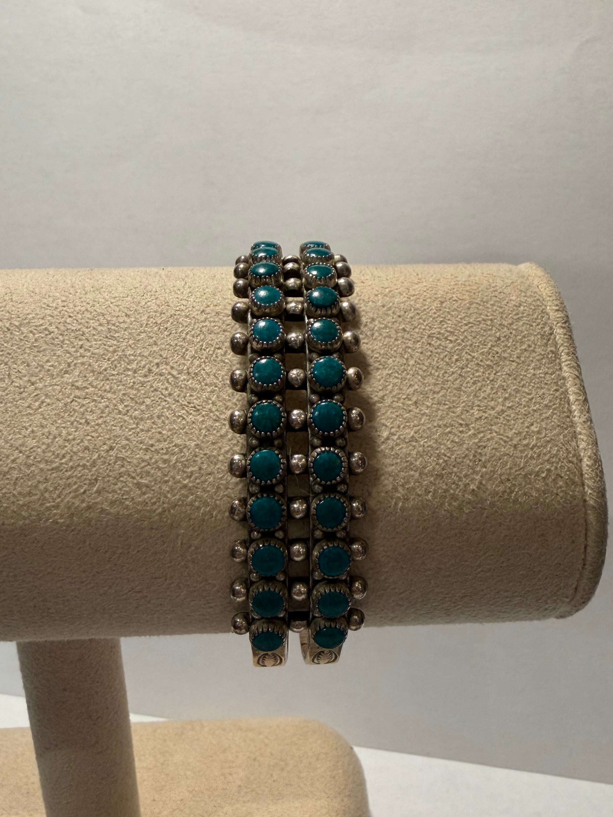Green Turquoise Sterling Double Row Cuff Bracelet