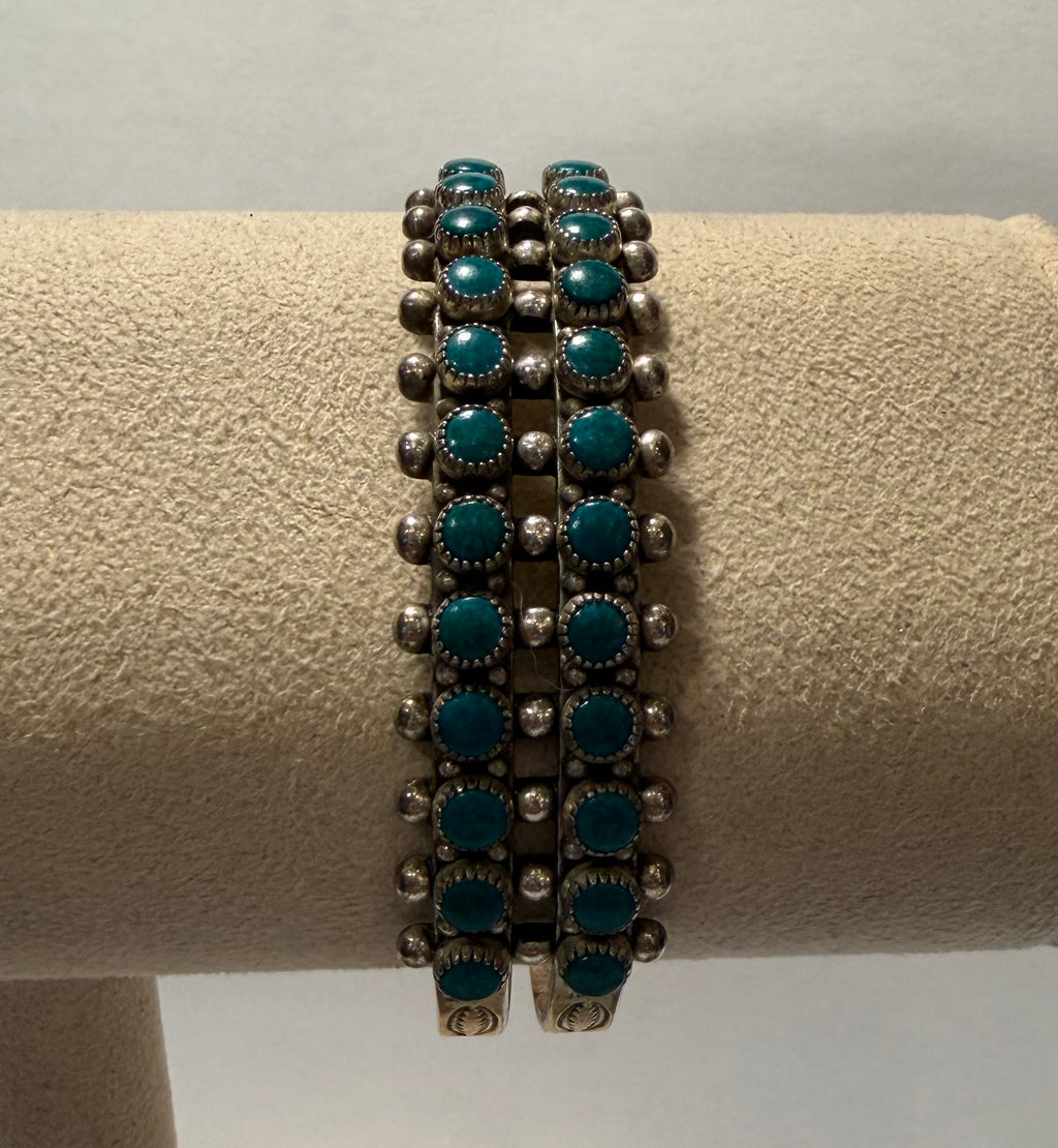 Green Turquoise Sterling Double Row Cuff Bracelet
