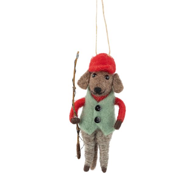 A charming dog ornament dressed in a festive green vest