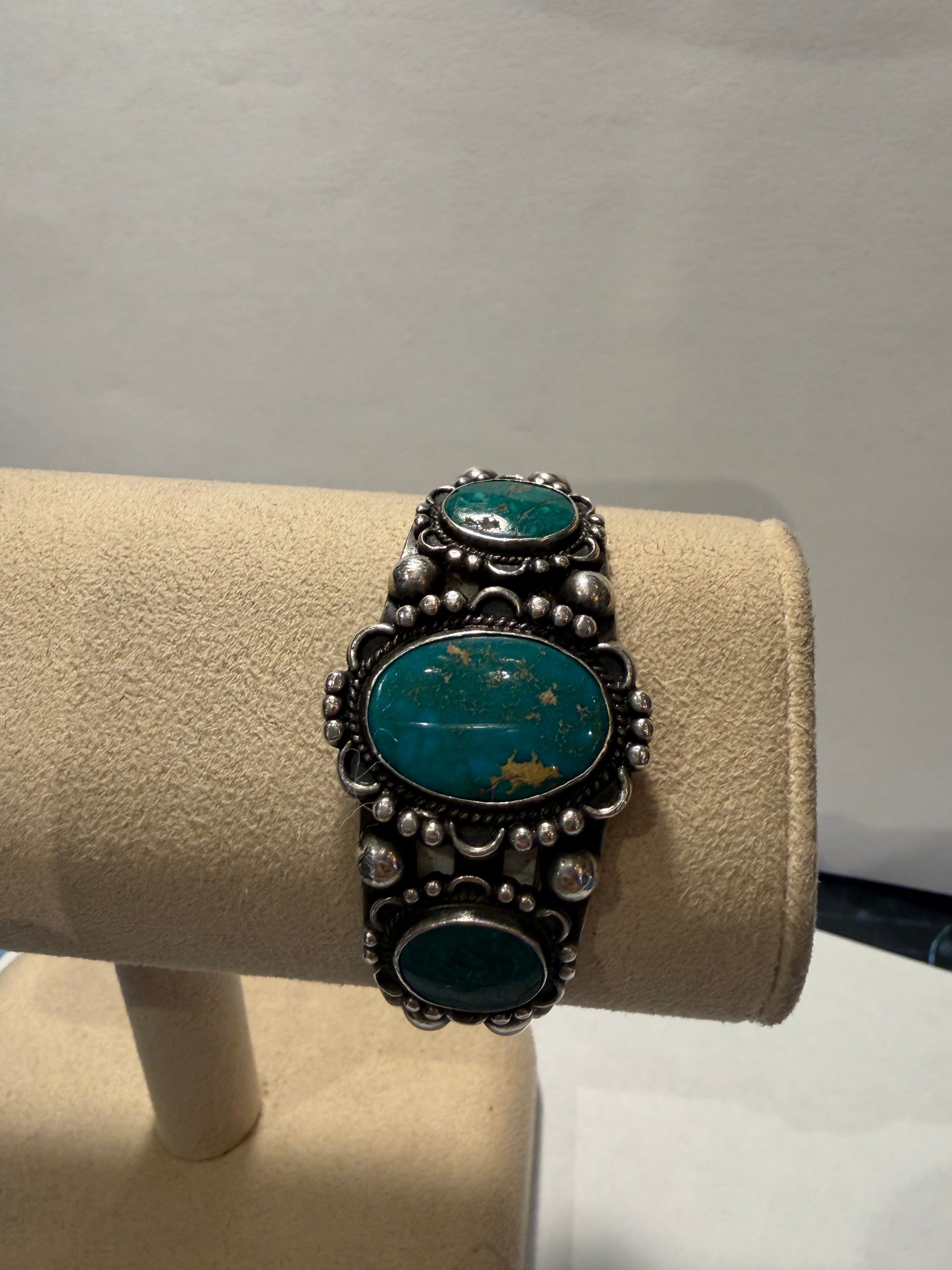 Vintage 1970's  Green Turquoise Three Stone Cuff Navajo Bracelet