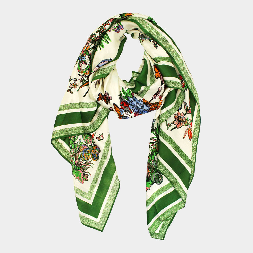 Green Butterfly Printed Oblong Silky Satin Scarf Shawl
