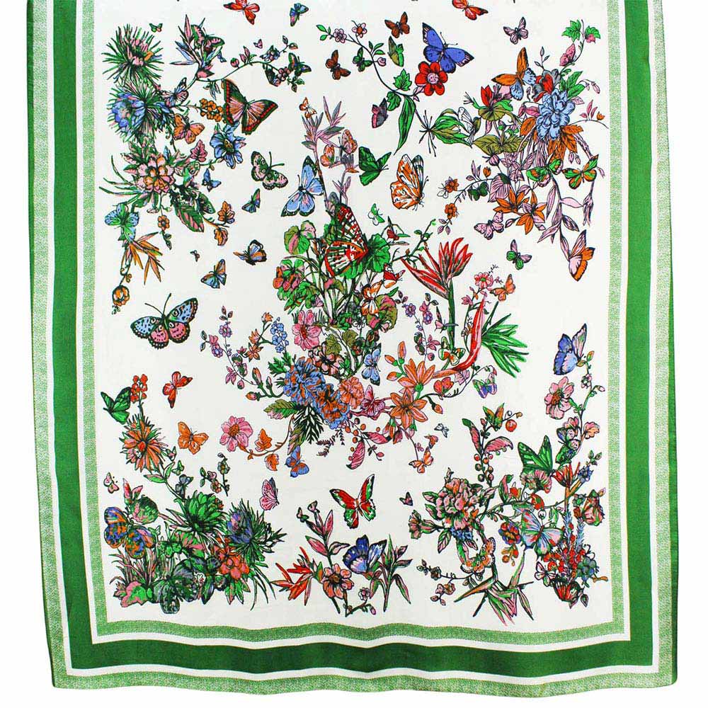 Green Butterfly Printed Oblong Silky Satin Scarf Shawl
