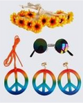 Set of colorful accessories including a sunflower headband, sunglasses with rainbow lenses, and peace sign earrings.