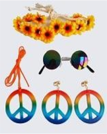 Set of colorful accessories including a sunflower headband, sunglasses with rainbow lenses, and peace sign earrings.