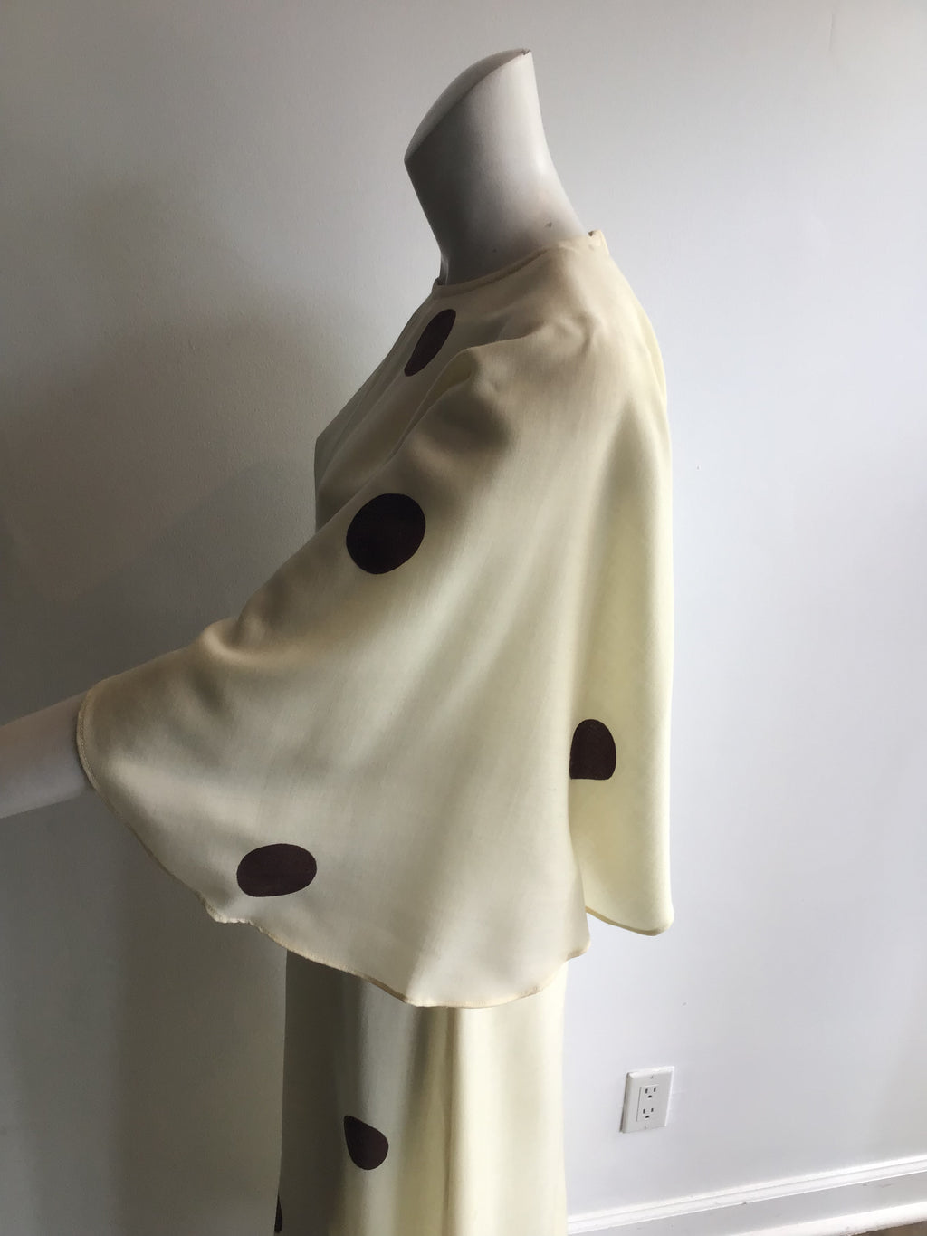 1960's Cream Linen with Brown Polkadots Maxi Dress-4/6