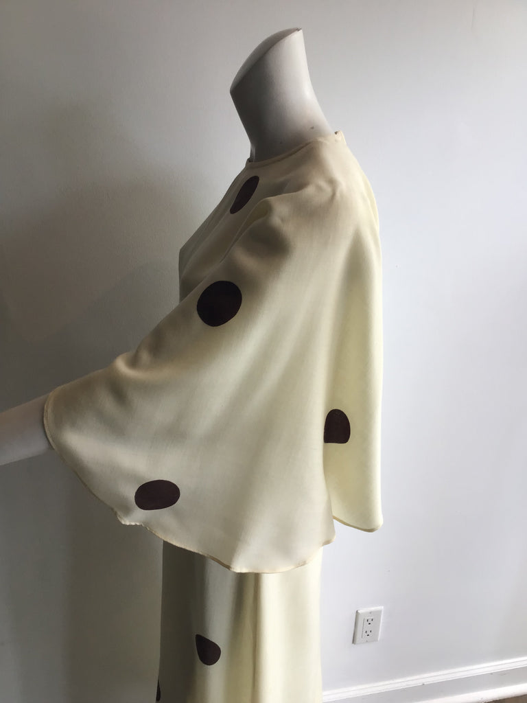 1960s Cream Linen with Brown Polkadots Maxi Dress