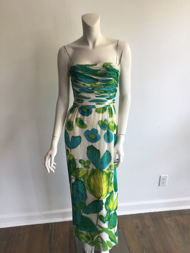 !960s Green,Teal and white Silk chiffon print spaghetti strap long dress