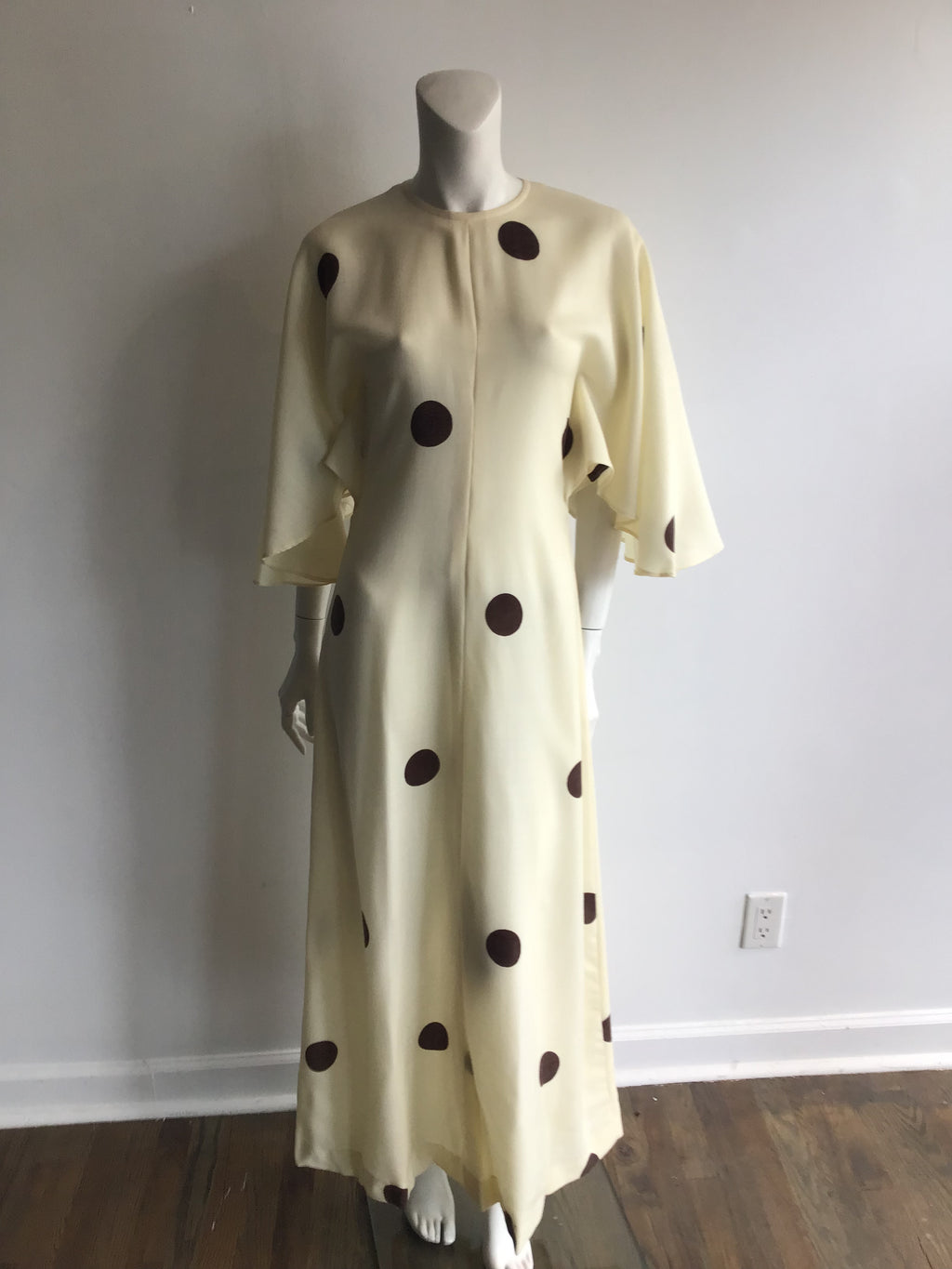 1960's Cream Linen with Brown Polkadots Maxi Dress-4/6