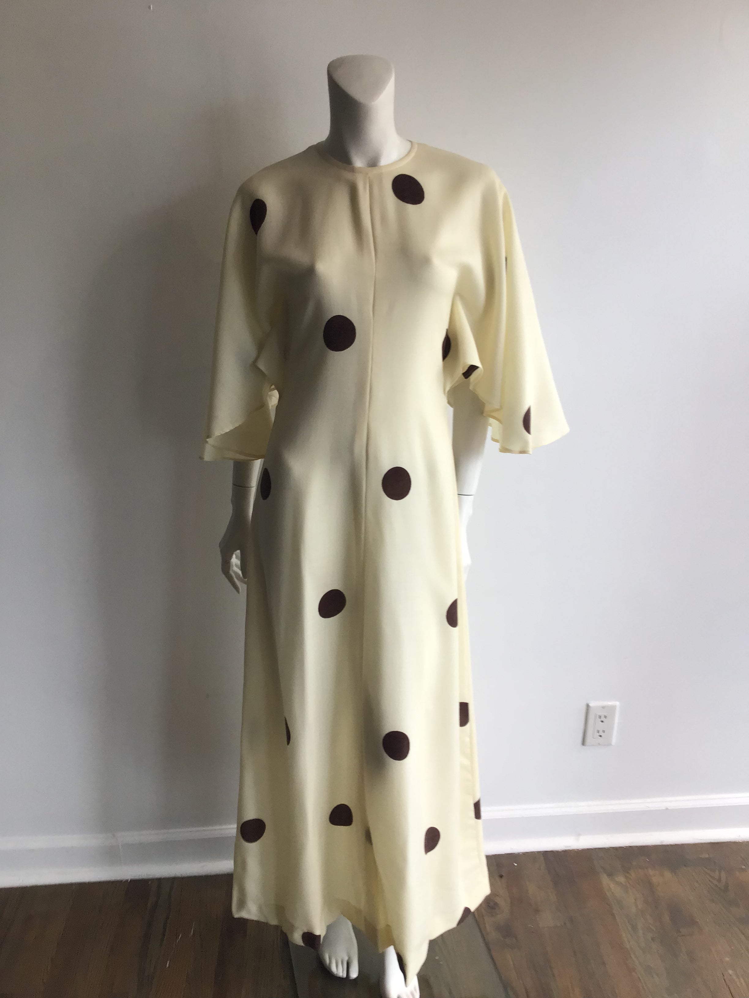 1960's Cream Linen with Brown Polkadots Maxi Dress-4/6