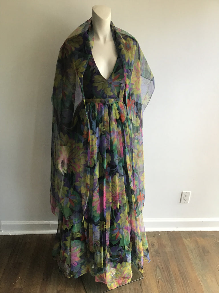 1960s Black Multicolored Printed Silk Net Evening gown size 2