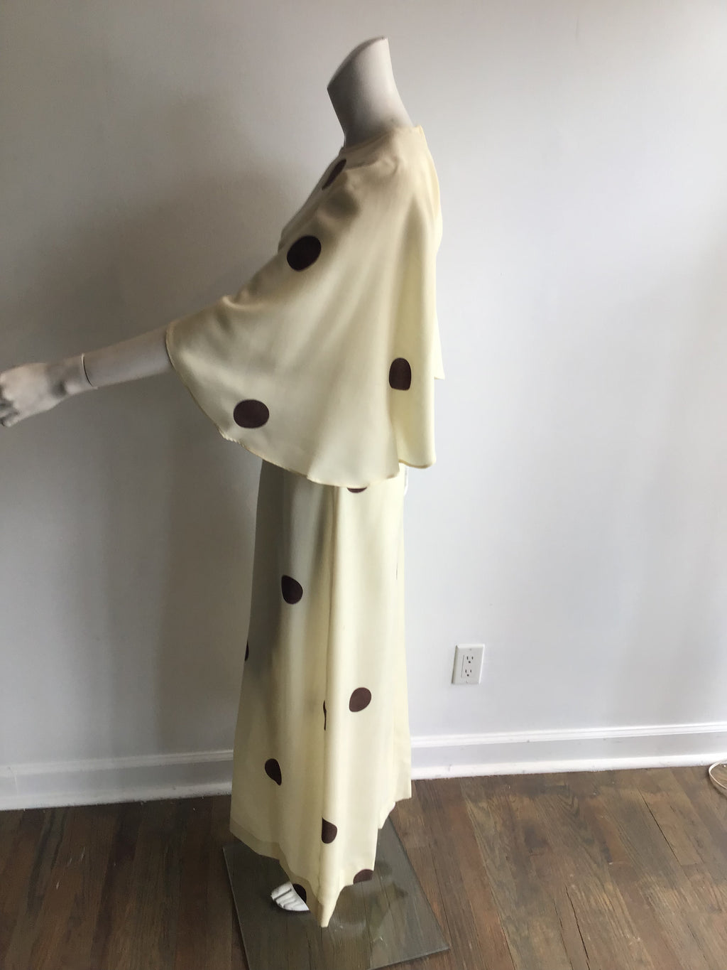 1960's Cream Linen with Brown Polkadots Maxi Dress-4/6