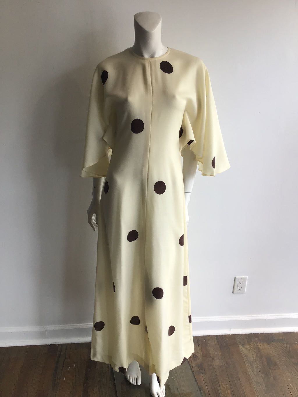 1960's Cream Linen with Brown Polkadots Maxi Dress-4/6