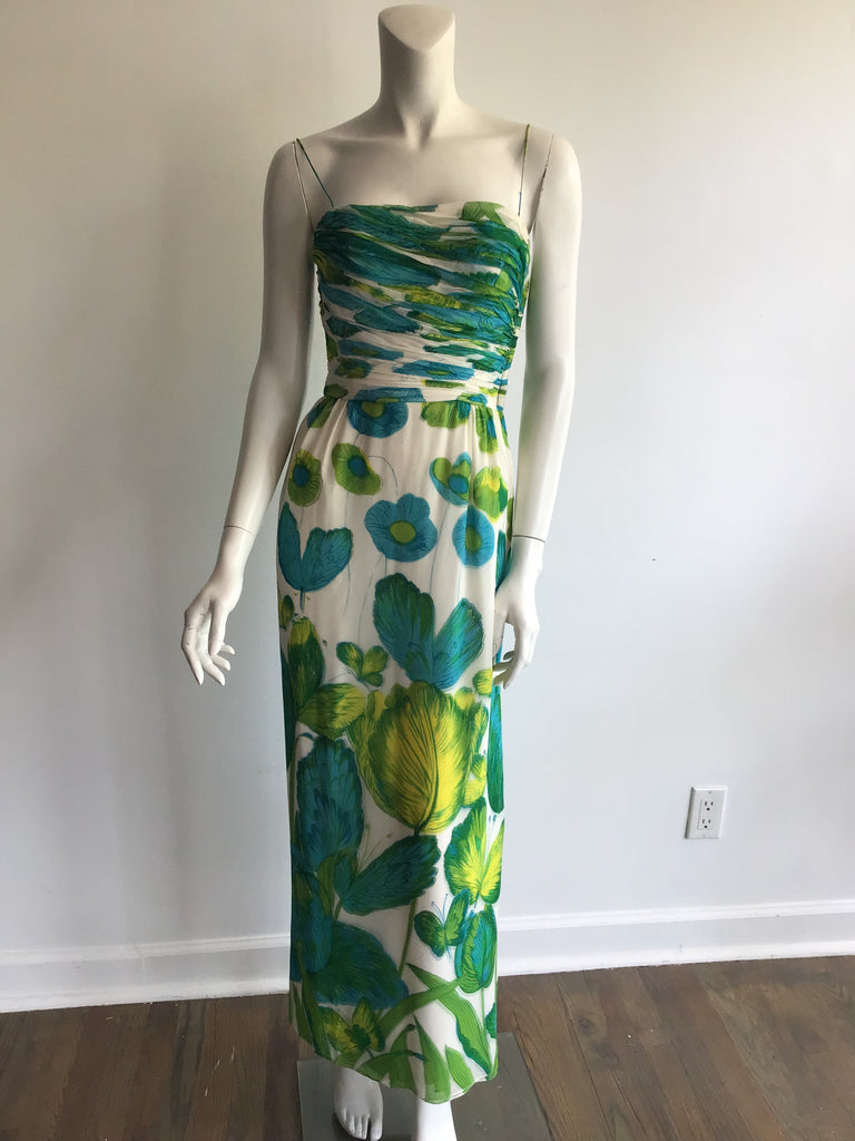 1960s Chiffon Evening Gown with Blue and White Prin