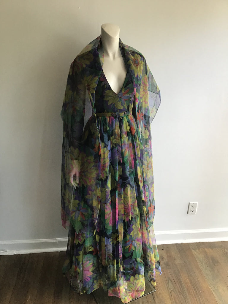 1960s Black Multicolored Printed Silk Net Evening gown size 2