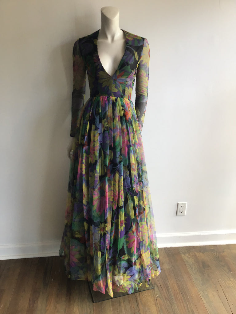 1960s Black Multicolored Printed Silk Net Evening gown size 2