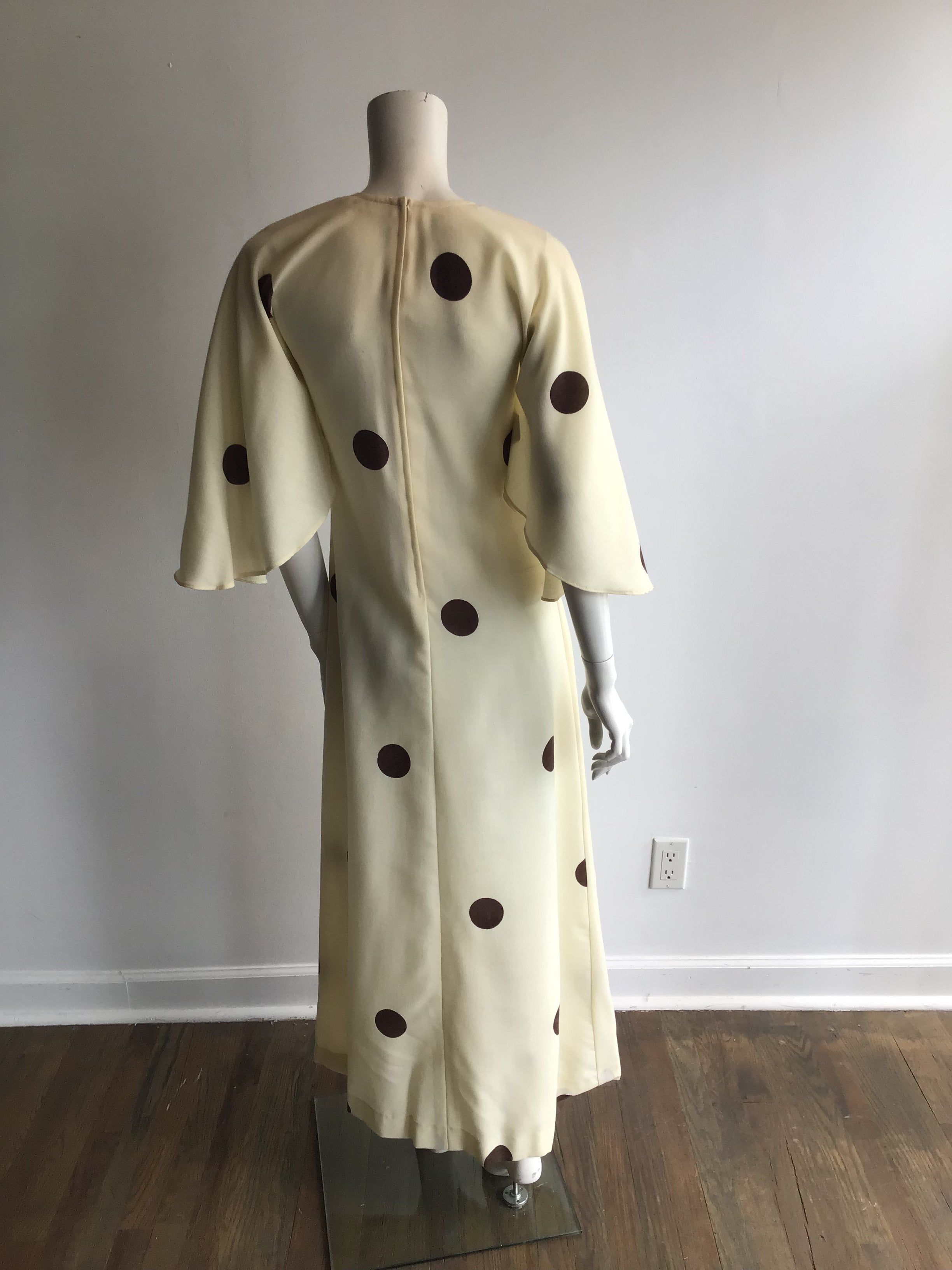 1960's Cream Linen with Brown Polkadots Maxi Dress-4/6