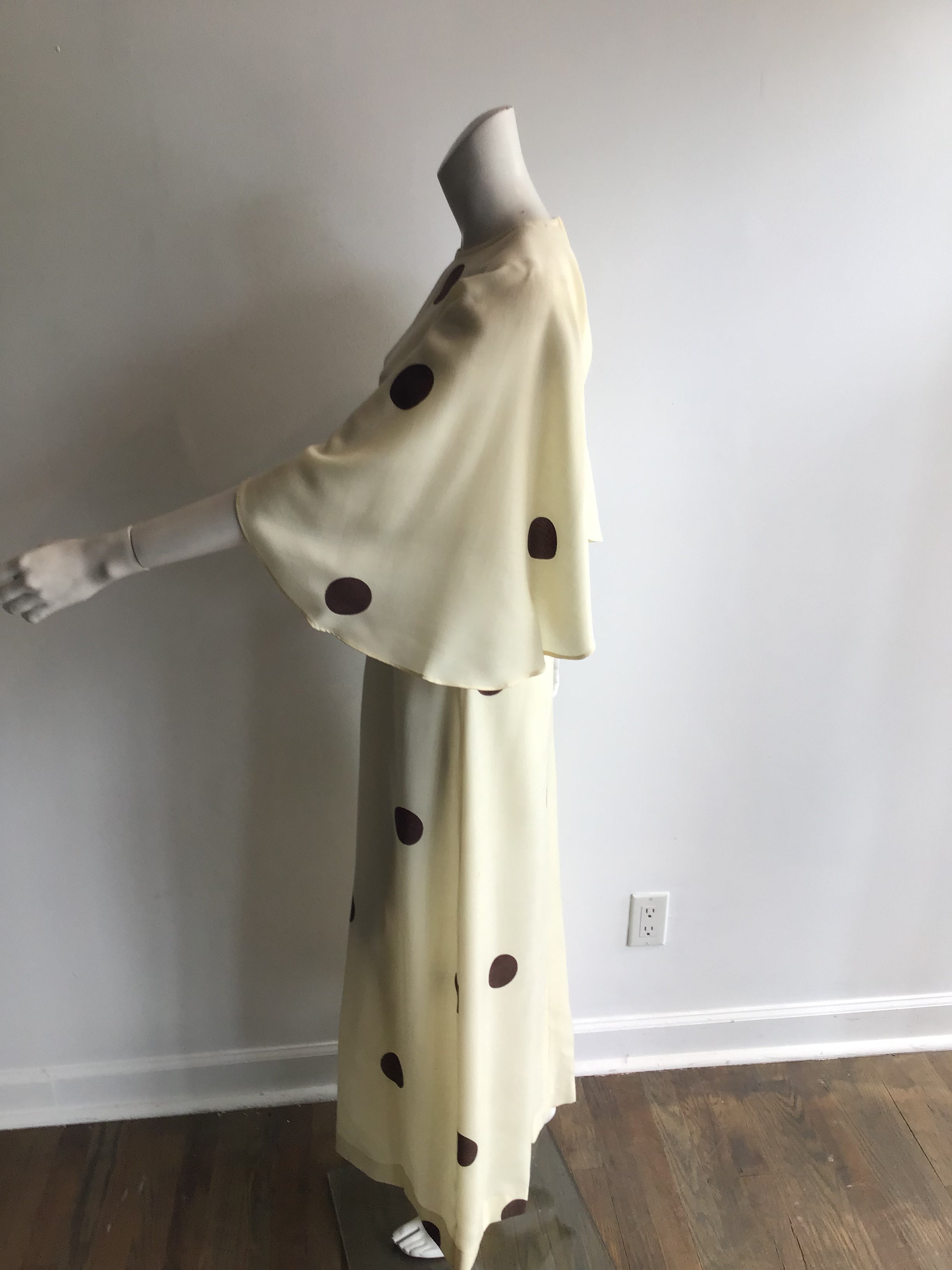1960's Cream Linen with Brown Polkadots Maxi Dress-4/6