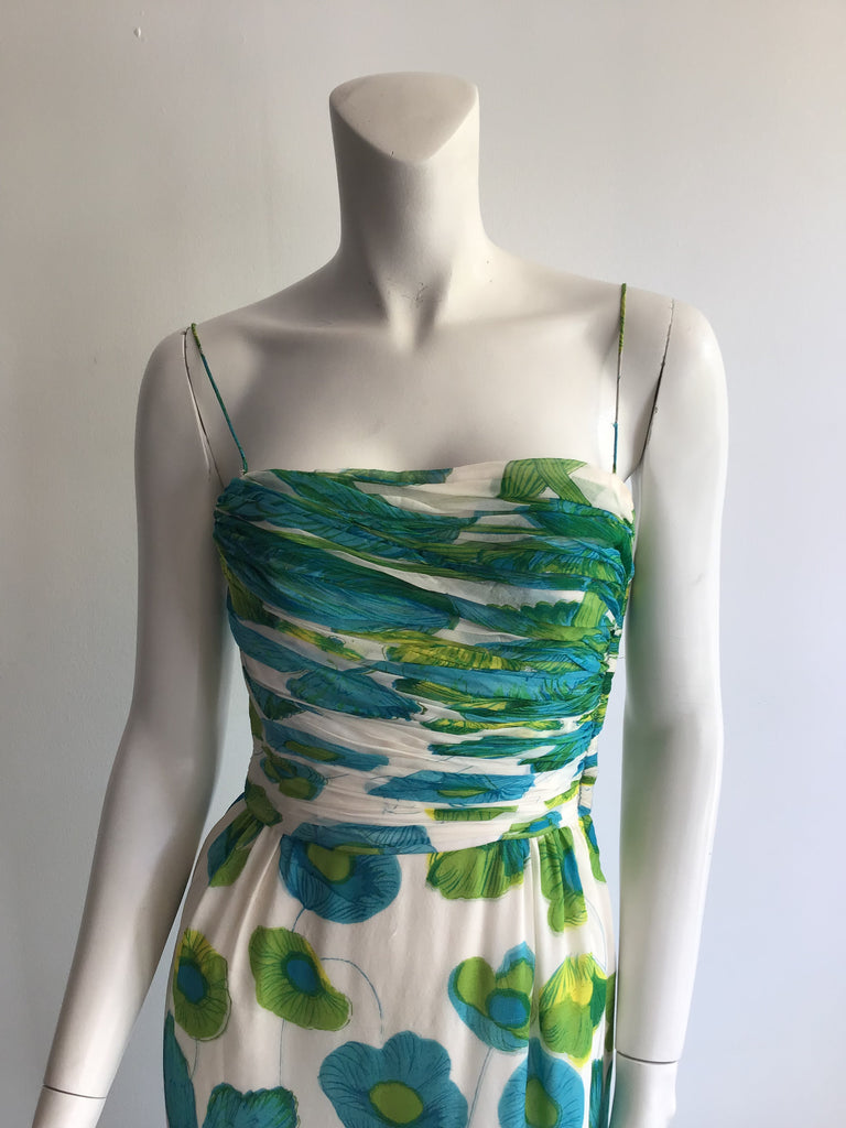 1960s Teal ,Green and White printed  Silk Chiffon Evening Gown size 5/6