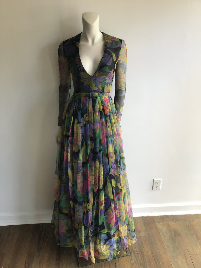 1960s Black Multicolored Printed Silk Net Evening gown size 2