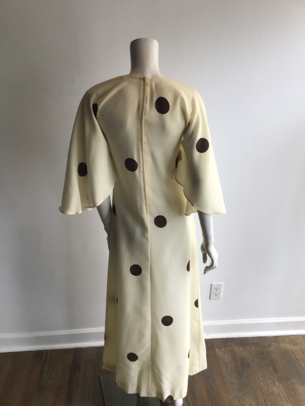 1960's Cream Linen with Brown Polkadots Maxi Dress-4/6