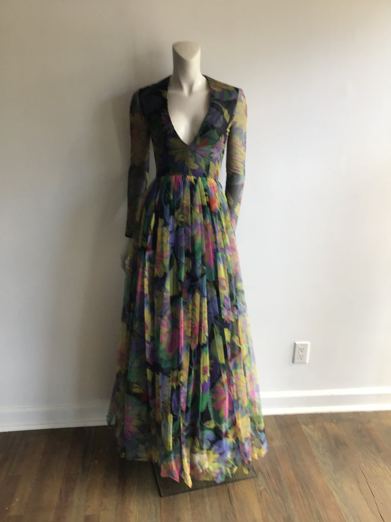 1960s Black Multicolored Printed Silk Net Evening gown size 2