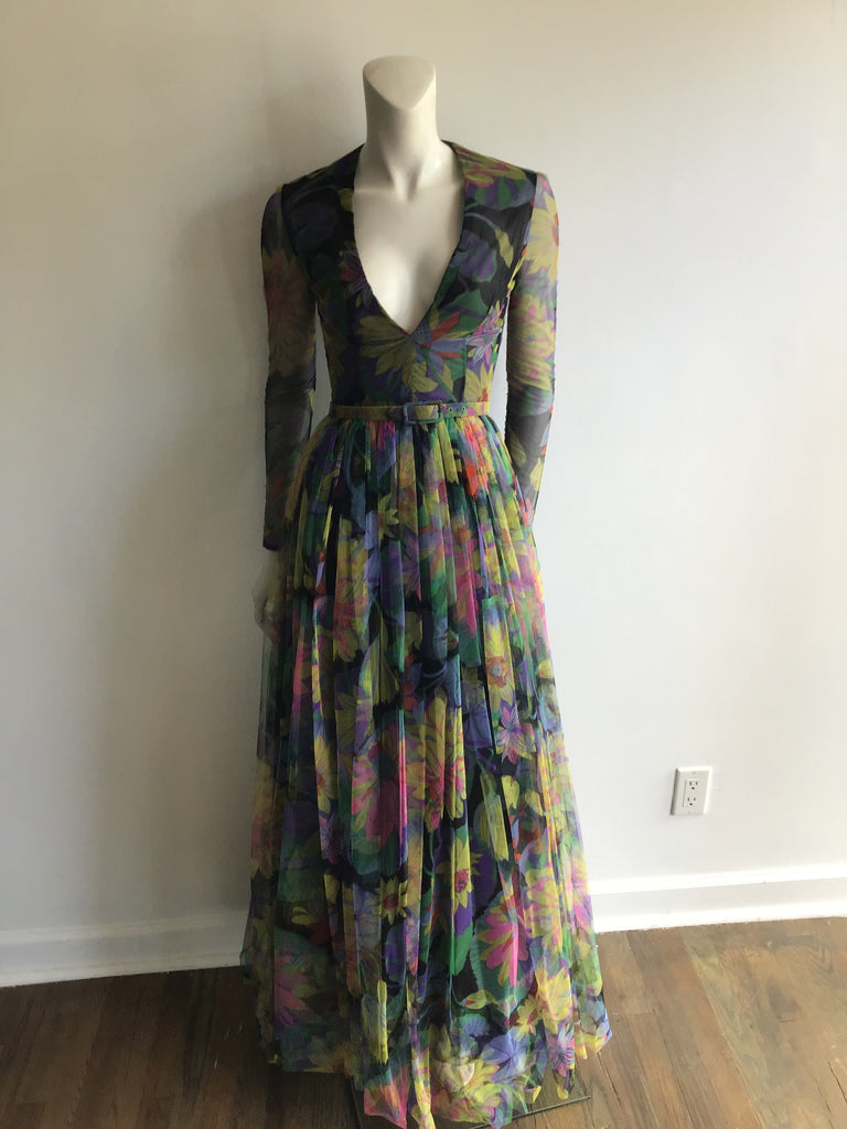 1960s B;ack multocolor printed silk net Evening dress with matching shawl