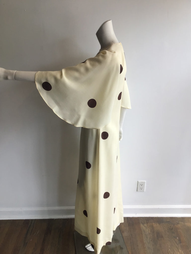 1960's Cream Linen with Brown Polkadots Maxi Dress-4/6