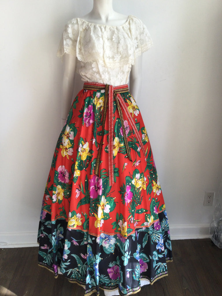 1970s multicolored silk giorgio di sant'angelo floral skirt with top