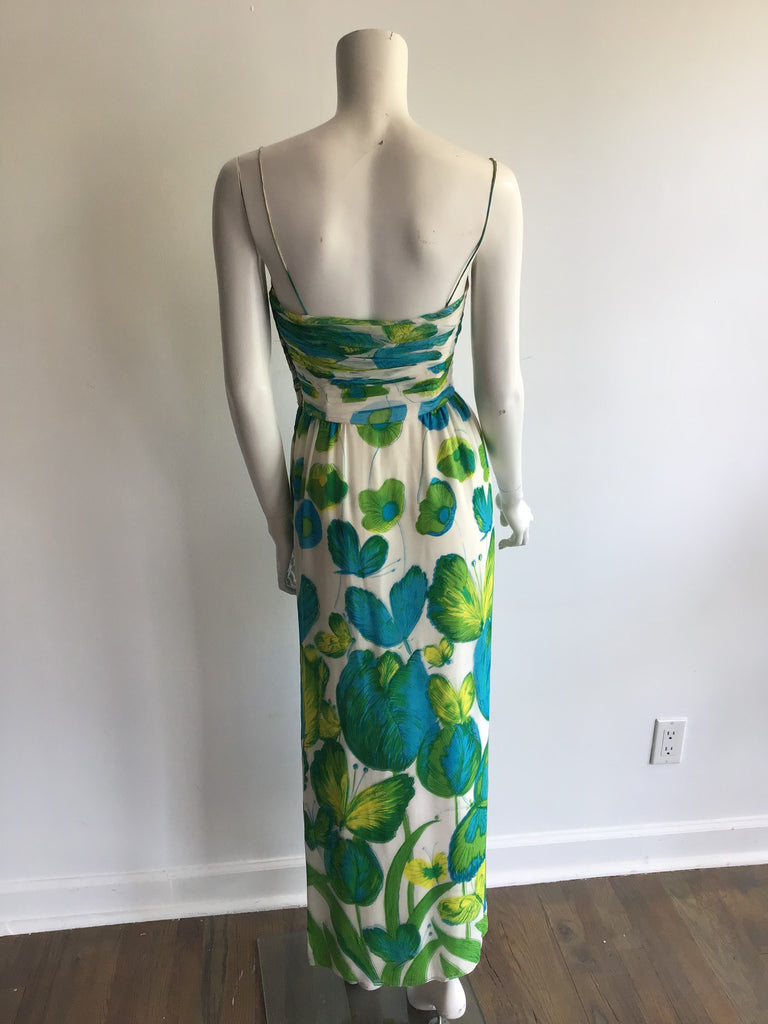 1960s Chiffon Evening Gown with Blue and White Prin