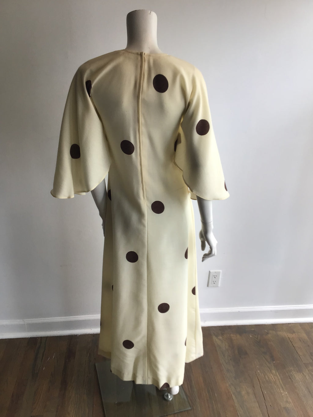 1960's Cream Linen with Brown Polkadots Maxi Dress-4/6