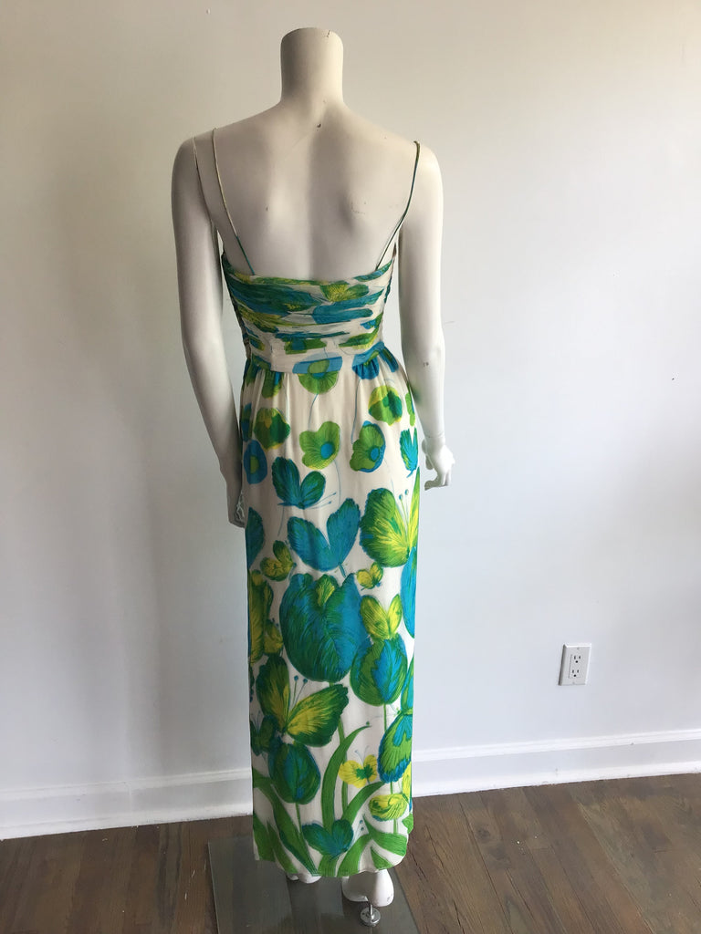 blue green and white printed silk chiffon spaghetti strap long dress