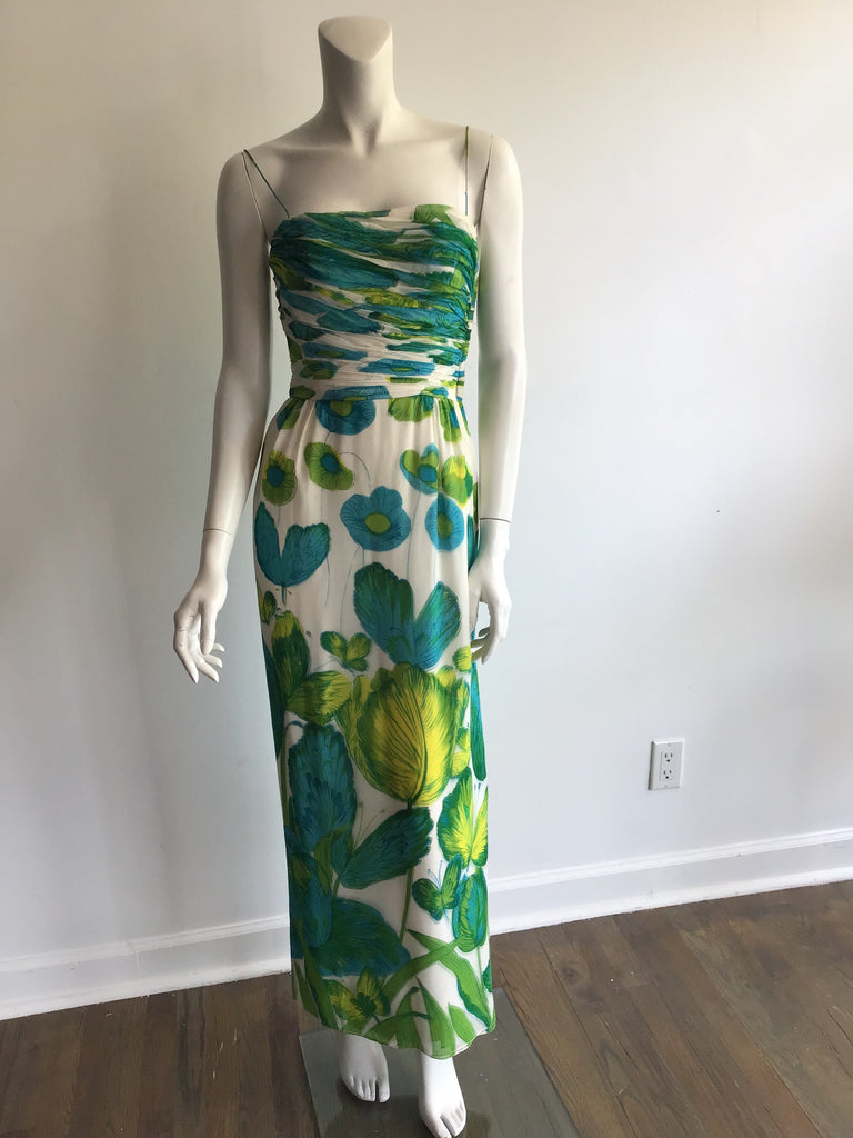 1960s Teal ,Green and White printed  Silk Chiffon Evening Gown size 5/6