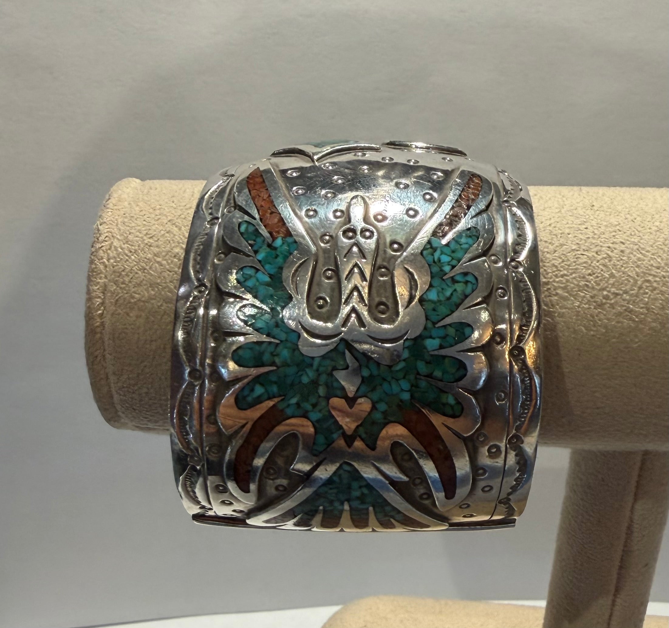 navajo inlaid cuff with turquoise and coral