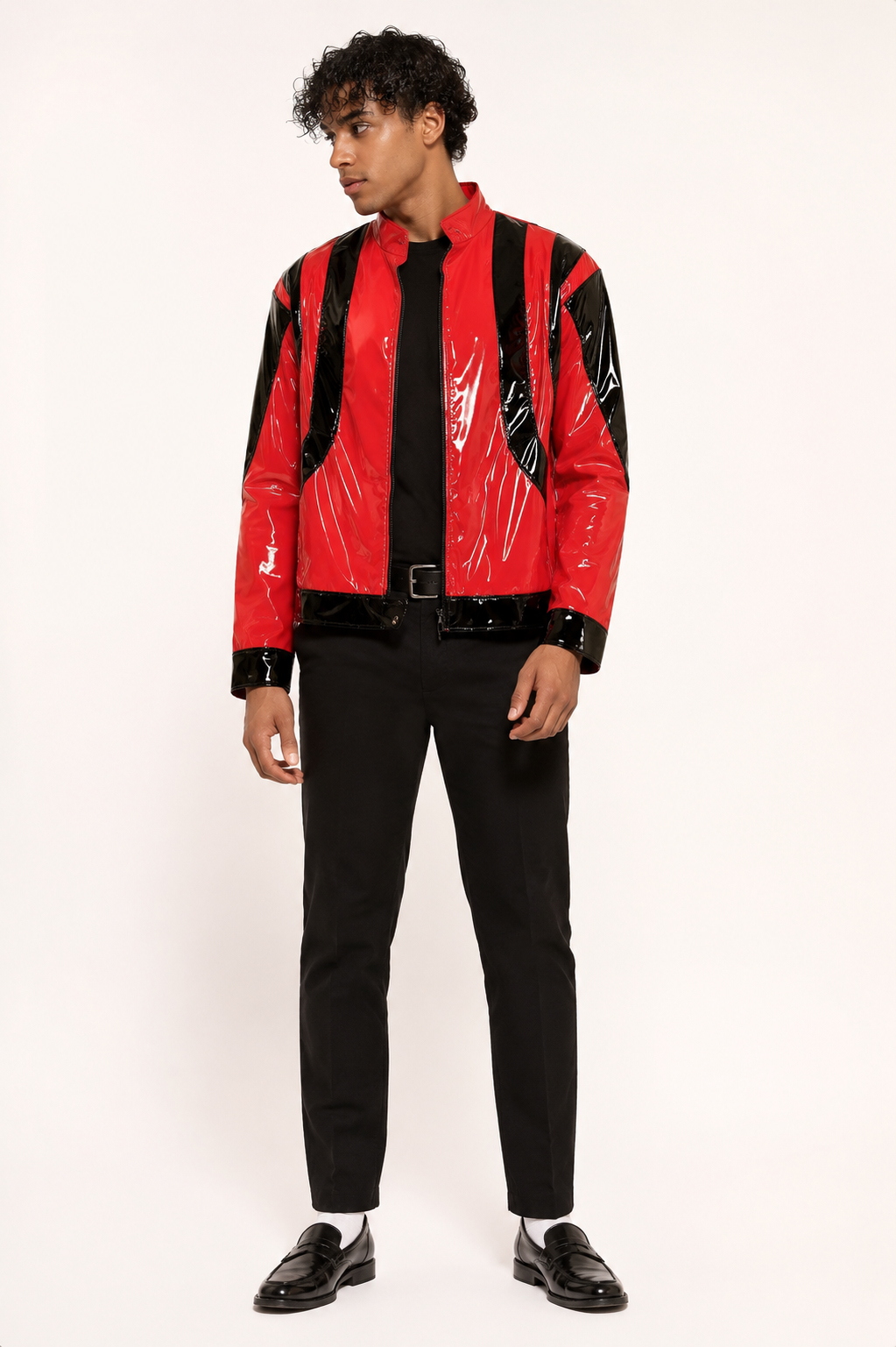 Michael Jackson Red & Black Faux Leather Jacket, 1980’s Men’s Costume Rental