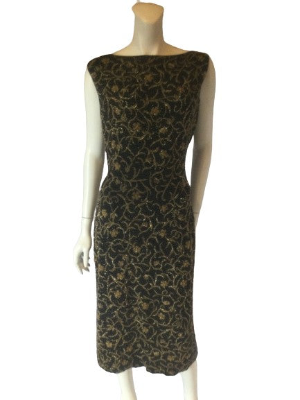 1950s Gold floral Beaded knit dress