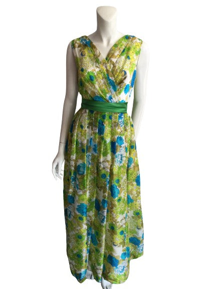 1960s Blue and Yellow Floral  Polyester Printed long Dress-size 7/8